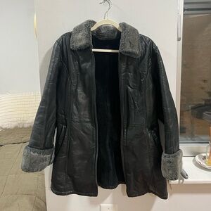 Black Leather Coat with Faux Fur Trim Size S